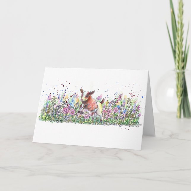 Baby Goat in Flower Field Card (Front)