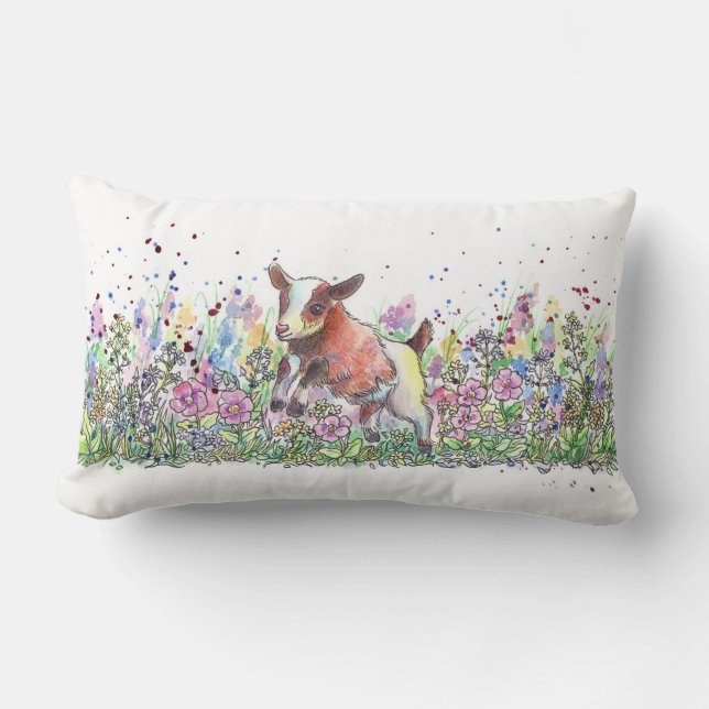Baby Goat in Flower Field Lumbar Cushion (Front)