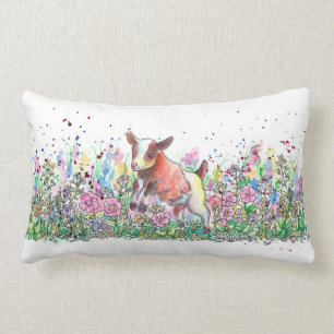 Baby Goat in Flower Field Lumbar Cushion