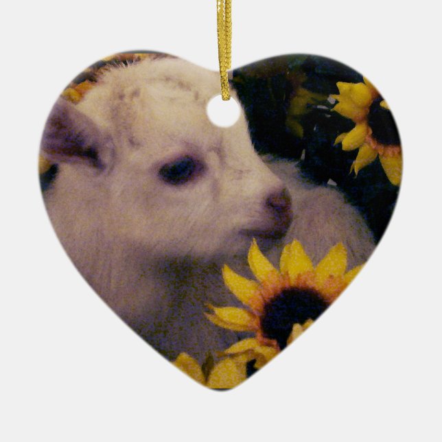 BABY GOAT IN FLOWERS HEART CHRISTMAS ORNAMENT (Front)