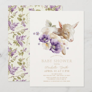 Baby Goat Purple Floral Baby Shower Invitation