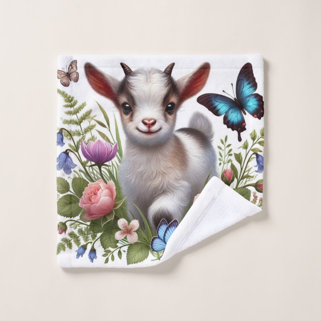 Baby Goat With Colourful Butterflies and Flowers Bath Towel Set (Wash Cloth)
