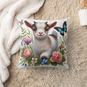 Baby Goat With Colourful Butterflies and Flowers Cushion