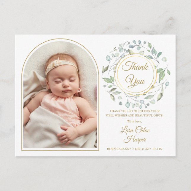Baby Gold Arch Photo Greenery Thank You Birth Announcement Postcard (Front)