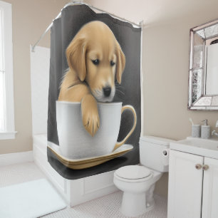 Baby Golden Retriever in a Tea Cup Graphic Shower Curtain
