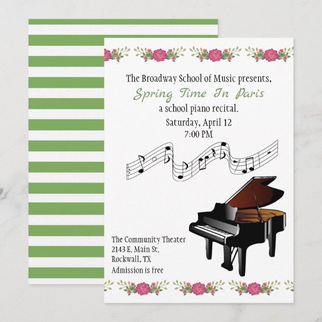 Baby Grand and Flowers Piano Recital Invitation (Front/Back)