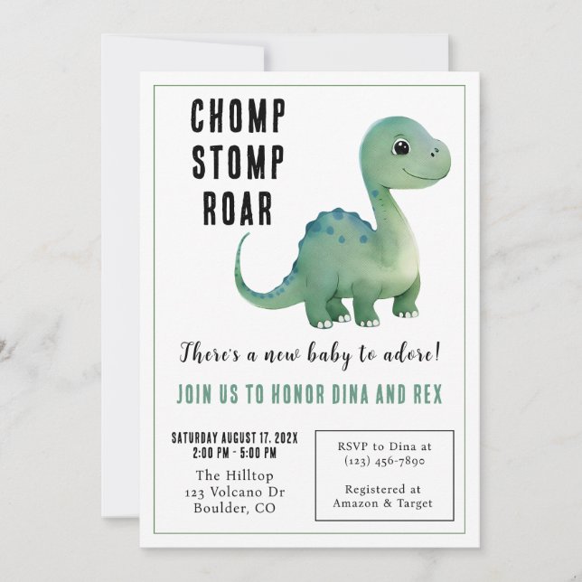 Baby Green Dinosaur Baby Shower Invitation (Front)