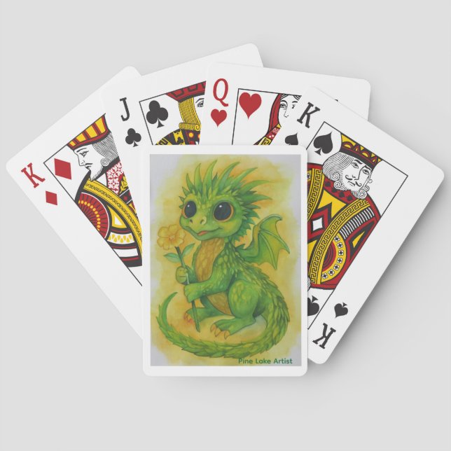 Baby Green Dragon Bringing A Flower Playing Cards (Back)