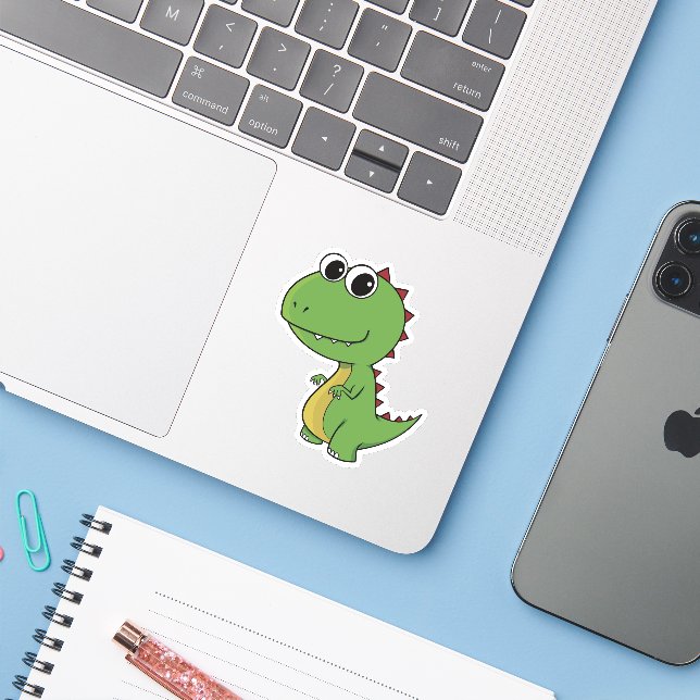 Baby green happy toothy cheeky dinosaur sticker (Laptop w/ iPhone)