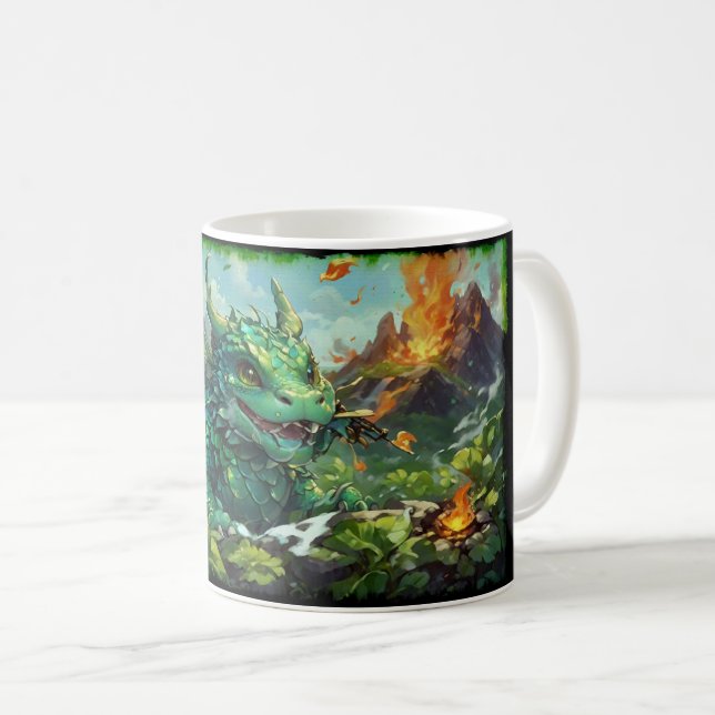 Baby Green Hawaiian Fire Dragon & Volcanoes Coffee Mug (Front Right)