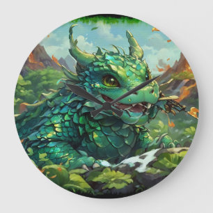 Baby Green Hawaiian Fire Dragon & Volcanoes Large Clock