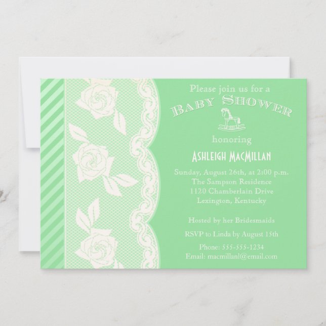 Baby Green, Ivory Floral Lace Baby Shower Invite (Front)