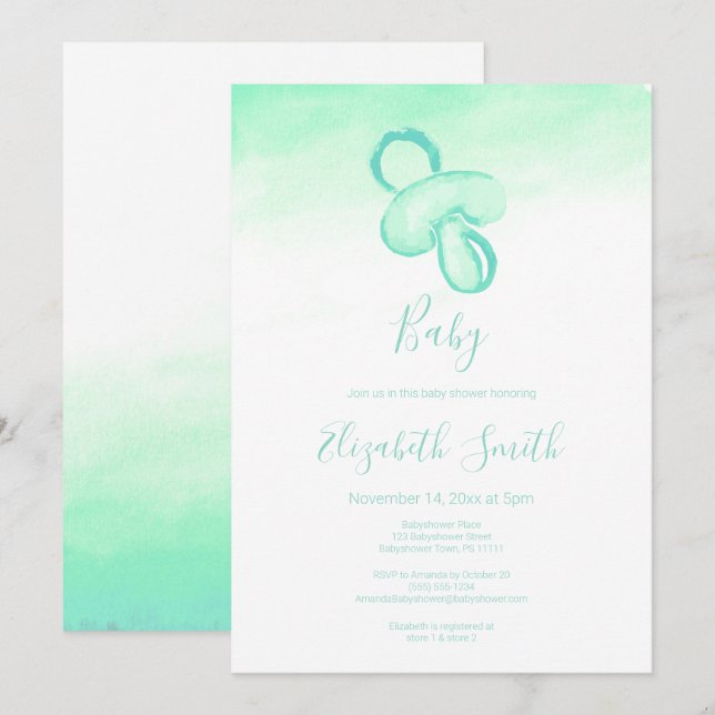Baby green watercolor pacifier baby babyshower invitation (Front/Back)