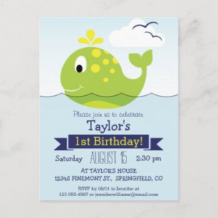 Baby Green Whale Kid's Birthday Party Invitation Postcard