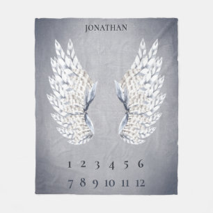 Baby Grey Blue Angel Wings Monthly Milestone Fleece Blanket