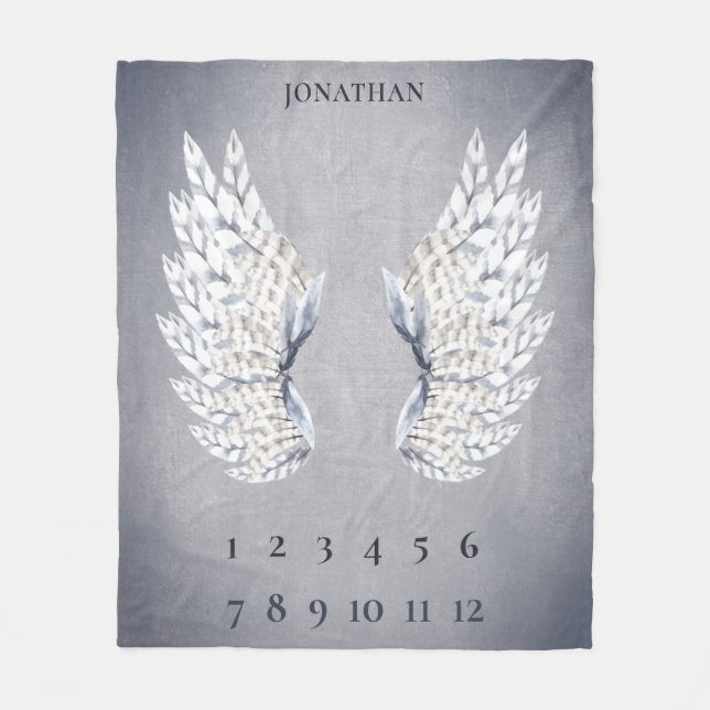 Baby Grey Blue Angel Wings Monthly Milestone Fleece Blanket (Front)