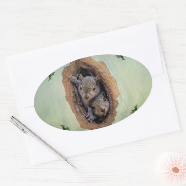 Baby Grey Squirrels Christmas Oval Sticker (Envelope)