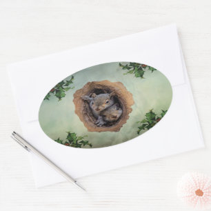 Baby Grey Squirrels Christmas Oval Sticker