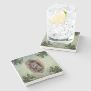 Baby Grey Squirrels Christmas Stone Coaster