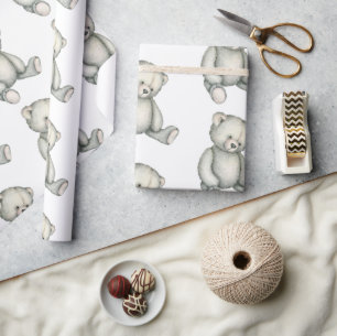 Baby Grey Teddy Bear Gender Neutral Watercolor Wrapping Paper