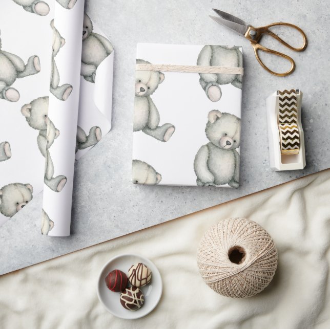 Baby Grey Teddy Bear Gender Neutral Watercolor Wrapping Paper (Crafts)