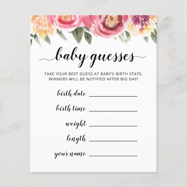 Baby Guesses Baby Prediction Baby Shower game card (Front)