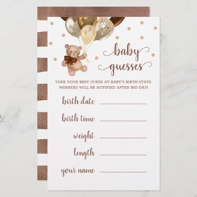 Baby Guesses Game Baby Shower Teddy Bear  (Front/Back)