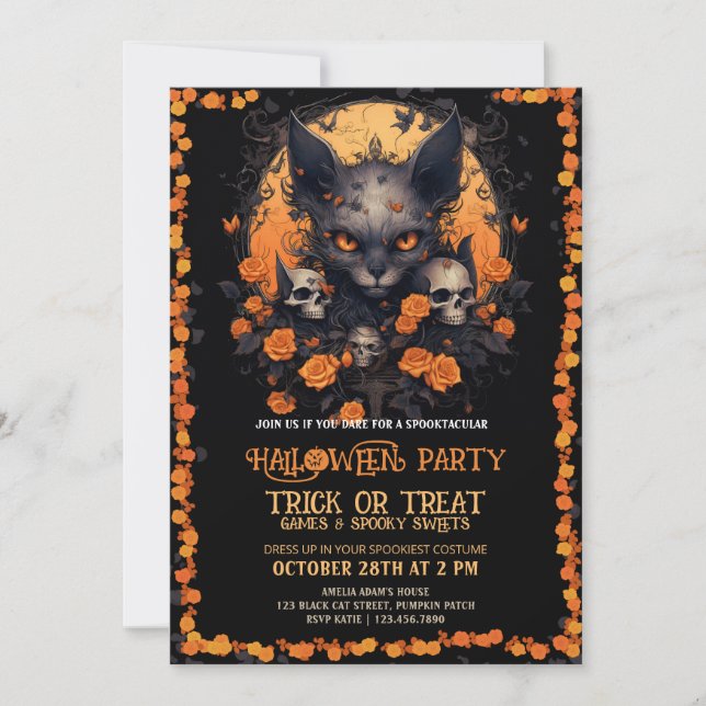 Baby Halloween Angry Cat Skull Flower Invitation (Front)