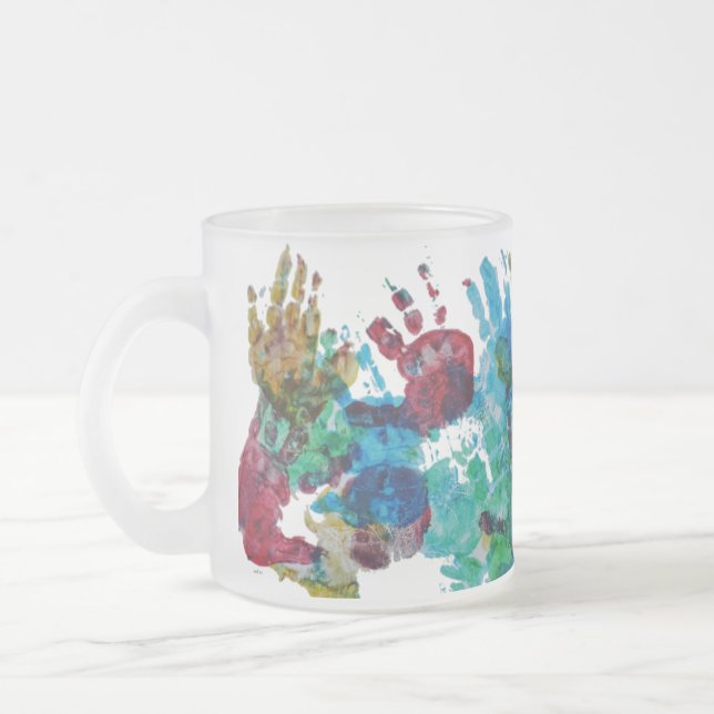 Baby handprints with custom text frosted glass coffee mug (Left)