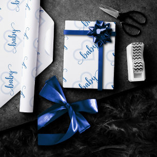 Baby Heart Cerulean Blue Flourish Script Shower Wrapping Paper