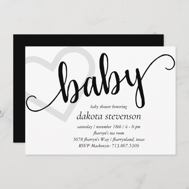 Baby Heart | Classic Black Script Shower or Reveal Invitation (Front/Back)