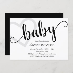 Baby Heart Classic Black Script Shower or Reveal Invitation