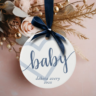 Baby Heart   Dusty Slate Blue Flourish Script Ceramic Tree Decoration