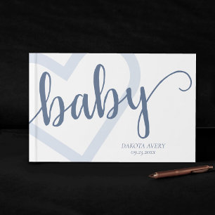Baby Heart   Dusty Slate Blue Flourish Script Guest Book