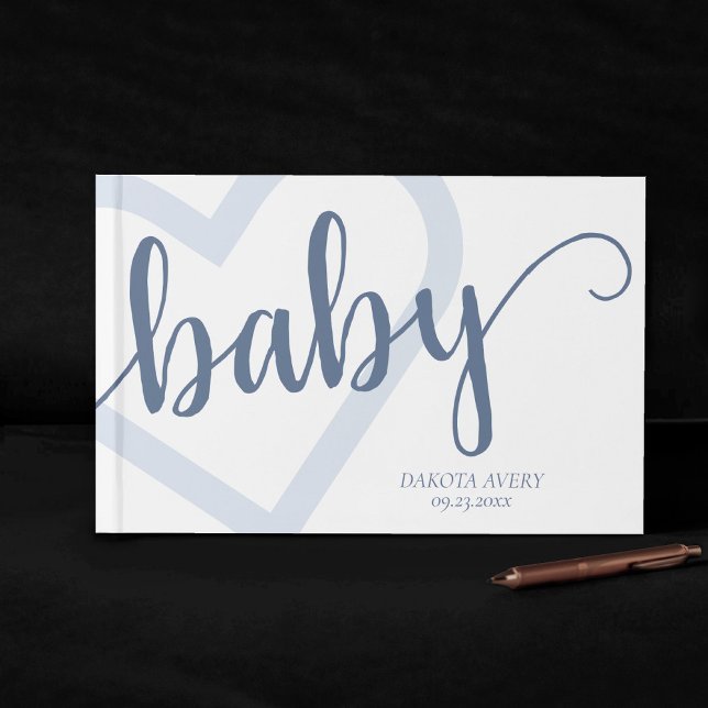 Baby Heart | Dusty Slate Blue Flourish Script Guest Book (Creator Uploaded)