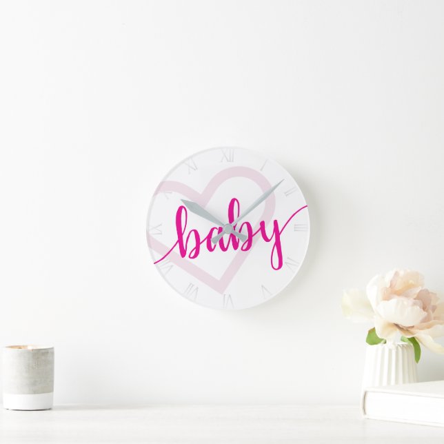 Baby Heart | Hot Pink Magenta Flourish Script Round Clock (Home)