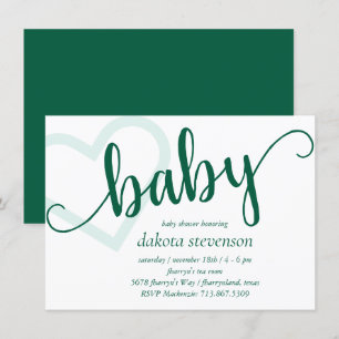Baby Heart   Hunter Green Simple Flourish Script  Invitation
