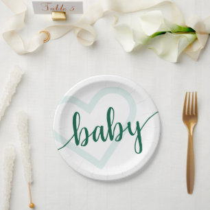 Baby Heart Hunter Green Simple Flourish Script Paper Plate