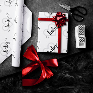 Baby Heart Modern Black Simple Flourish Script Wrapping Paper