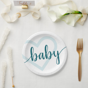 Baby Heart   Teal Dark Midnight Green Flourish  Paper Plate
