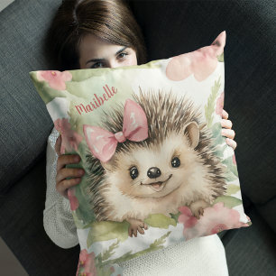 Baby Hedgehog Floral Girls Personalised Cushion