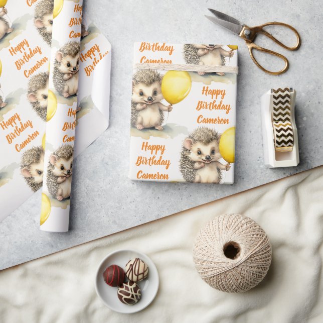 Baby Hedgehog Gender Neutral Personalised Birthday Wrapping Paper (Crafts)