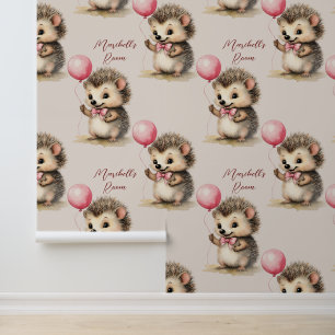 Baby Hedgehog Pink Balloon Personalised Wallpaper