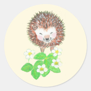 Baby Hedgehog & Wild Strawberry Flowers   Classic Round Sticker