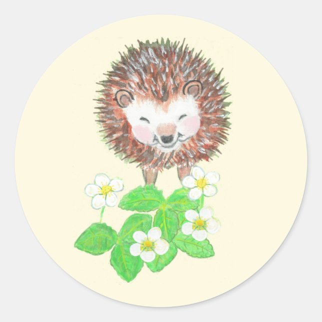 Baby Hedgehog & Wild Strawberry Flowers   Classic Round Sticker (Front)