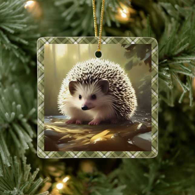 Baby Hedgehog Wildlife Portrait Personalised  Ceramic Ornament (Tree)