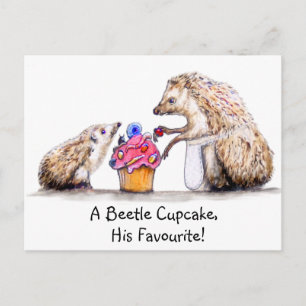 baby hedgehog with creepy crawly cupcake postcard
