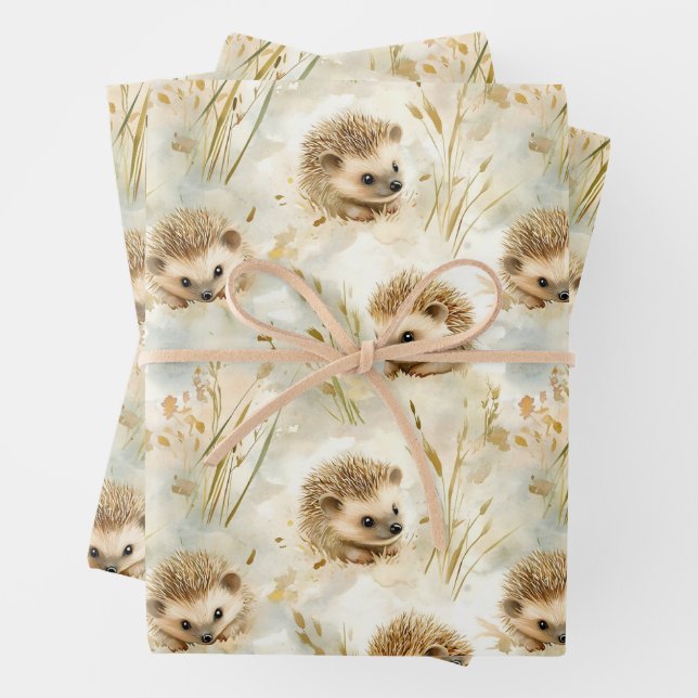 Baby hedgehogs wrapping paper sheet (In situ)