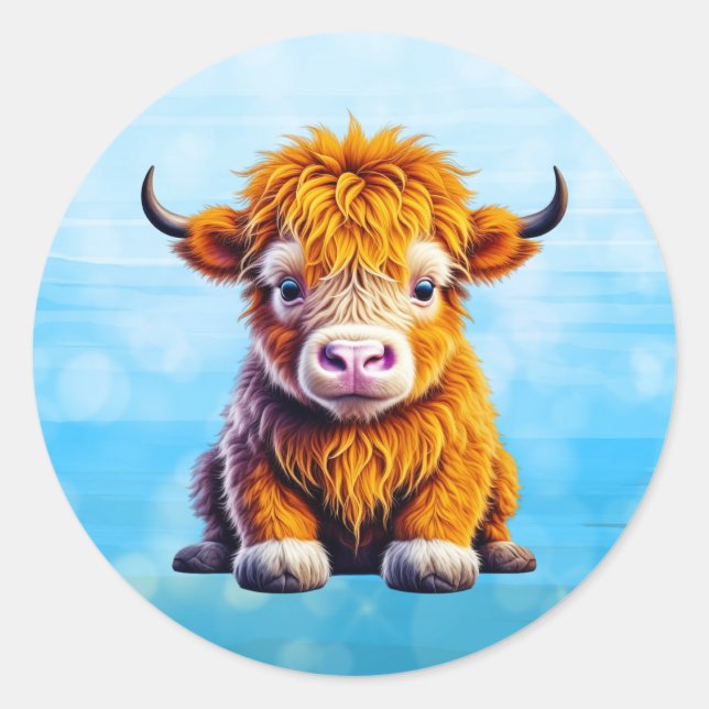 Baby Highland Cow Adorable Ai Art Classic Round Sticker (Front)