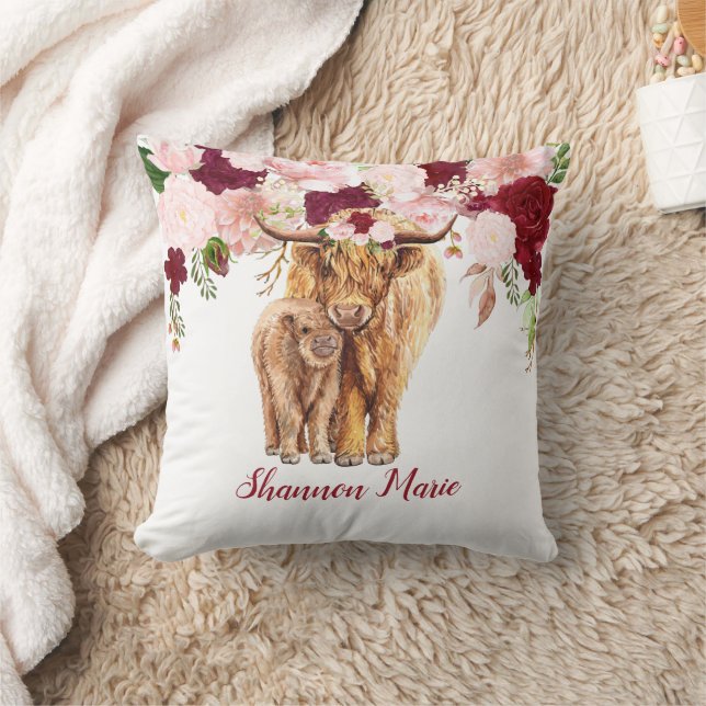 Baby Highland Cow Calf Burgundy Pink Rose Baby  Cushion (Blanket)